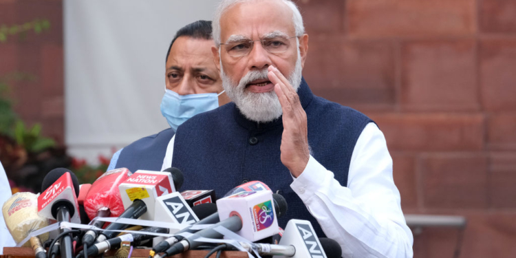 Narendra Modi, India's prime minister, speaks during a news conference on the opening day of the Winter session at Parliament House in New Delhi, India, on Monday, Nov. 29, 2021. Aside from repealing the farming laws, as many as 26 other bills are listed for introduction in this session, including a proposal to prohibit all private cryptocurrencies and to help the central bank create an official digital currency. Photographer: T. Narayan/Bloomberg via Getty Images
