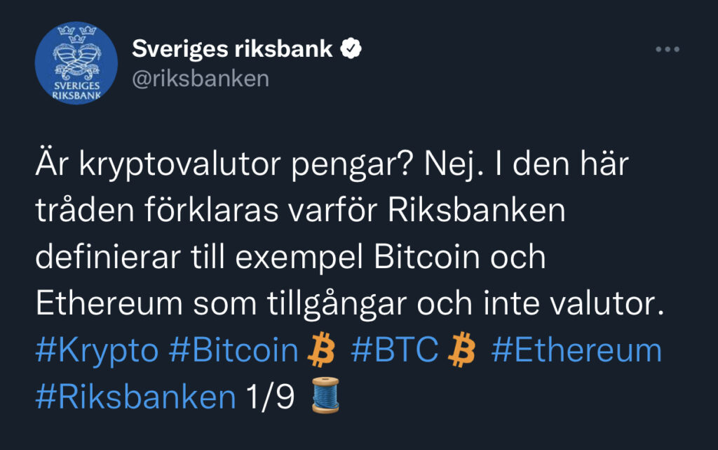 İsveç Merkez Bankası Riksbanken, Bitcoin (BTC) ve diğer kripto para birimleri hakkında açıklamalar yaptı. Banka Bitcoin, para değildir dedi.