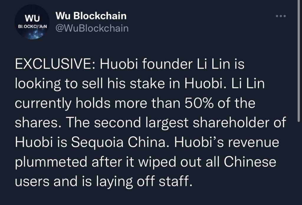Dev kripto para borsası Huobi kurucusu Li Lin, şirketteki hisselerini satmayı planlıyor. Kurucu, borsanın %50’den fazla hissesine sahip.