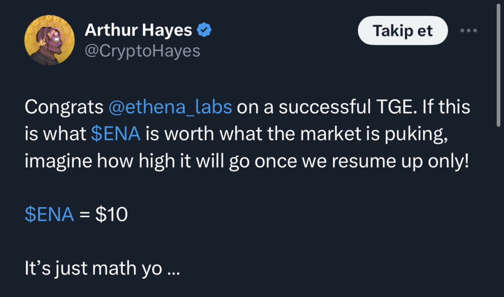 BitMEX Kurucu Ortağı Arthur Hayes: Ethena 10 Doları Hedefliyor